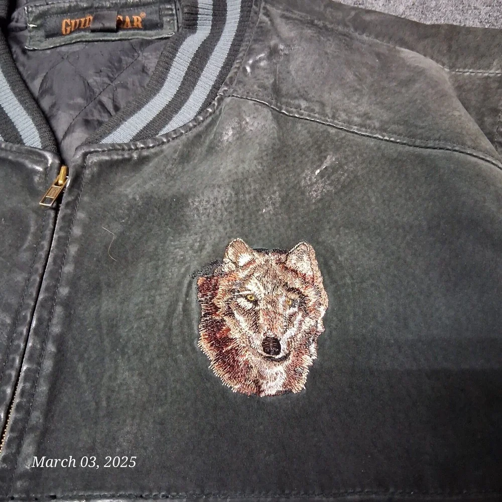 ** VTG Guide Gear Leather Stadium Jacket Wold Embroidered Size XXL Black Gray - Picture 2 of 12
